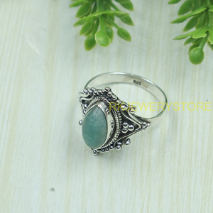 แหวนเงินแท้ 925 วินเทจ ประดับพลอยอะมาโซไนต์ แหวนทำมือสไตล์โบโฮ แหวนประดับพลอยทรงมาร์คีส์ งานฝีมือช่างประดิษฐ์ เหมาะสำหรับเป็นของขวัญ - Product Image 3