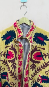 Chaqueta de terciopelo con bordado floral para mujer, cuello mandarín, manga larga, abrigo de primavera, diseño abierto hecho a mano - Product Image 3
