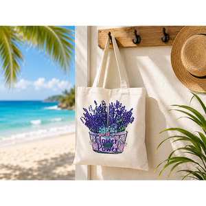 Premium Cotton Canvas <b>Tote</b> Bag with Tropical <b>Travel</b> Print, Reusable Beach Shopping Bag with Contrast Handles - Product Image 4