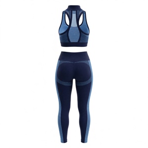 Women Yoga Set 2-Piece Racerback Scoop Neck Sports <b>Bra</b> High Waist Full Length Leggings Spandex/Polyester Solid <b>Blue</b> Breathable - Product Image 2