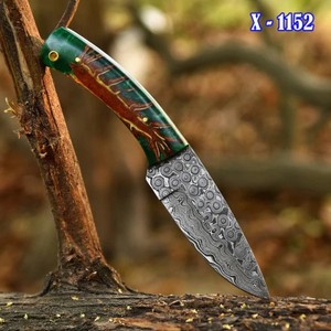 Cuchillo de Caza de Hoja Fija de Acero de Damasco, Punta Caída, Mango Verde X-1152, Cuchillo de Supervivencia para Exteriores - Product Image 1