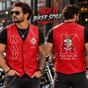 Gilet personnalisé rouge en cuir PU pour homme, col en V, style motard, broderie avant et arrière, lettres grecques, pour fraternité et sororité, vente en gros OEM - Product Image 3