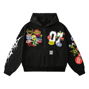 Sudadera con capucha corta de hombre con pedrería, corte holgado, peso pesado, lavado ácido, felpa francesa, hombro caído, con cremallera, al por mayor - Product Image 1