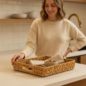 Plateaux de rangement ronds en rotin écologiques - Lavables au lave-vaisselle et faciles à nettoyer pour le bureau et le salon - Plateaux décoratifs - Product Image 1