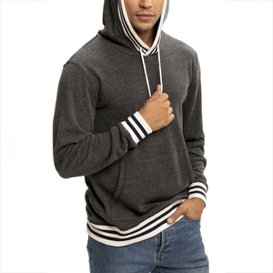 En gros Sweat à capuche universitaire en molleton de coton avec bordure côtelée rayée, poche kangourou, style streetwear et décontracté - Product Image 3