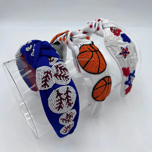 New Sports & Patriotic Beaded Headband Gameday Handmade Knotted <b>Basketball</b> Star Embroidered Hair Accessories for Women and Girls - Product Image 1