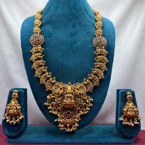 Juego de Collar Largo Jewelemarket Heritage Temple con Piedra Pota, Imitación de Perla Fina para Novia con Piedra de Rubí-10575466PGR - Product Image 1