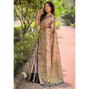 Sari de Seda Dharmavaram Azul Marino Original, Chal Étnico Tejido con Zari Tradicional de Elite Weaves - Product Image 1