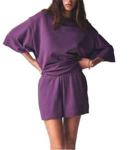 Prix de gros Ensemble short tricoté 2 pièces noir pour femme, col rond, coupe ample, décontracté, printemps-été, couleur unie, confortable - Product Image 5