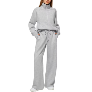 Women's White Cotton <b>Tracksuit</b> Full Length Loose Fit Half-Zip Sweatshirt With Drawstring Pants Side Pockets Casual Spring Wear - Product Image 5