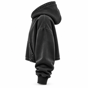 Washed Black Cropped Hoodie <b>Pullover</b> <b>Men</b> Solid 100% Cotton Regular Fit Pocket Casual Winter Wear - Product Image 6