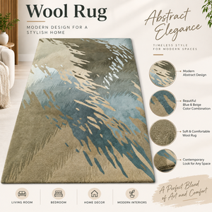 Modern Abstract Wool <b>Rug</b> with Blue Beige Pattern Cushioned Anti-Bacteria Handmade <b>Thick</b> <b>Pile</b> for Living Room Bedroom Home Decor - Product Image 4