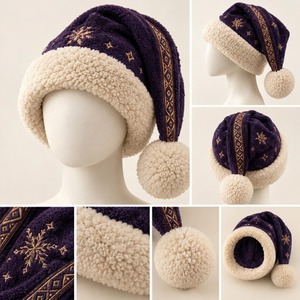 Gorro Navideño de Terciopelo Marrón HAMILO SPORTS HS-101 con Bordado Dorado y Ribete de Piel Sintética Crema, Estilo a Cuadros Unisex para Adultos - Product Image 2