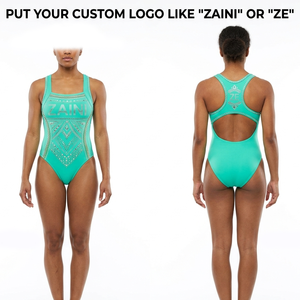 Women Bathing Suit 220 GSM Premium Nylon Spandex Racerback One Piece Swimsuit Turquoise <b>Rhinestone</b> Custom Logo Athletic Swimwear - Product Image 1