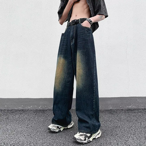 Vaqueros de mezclilla de pierna ancha con efecto desgastado, cintura alta, ajuste holgado, de algodón, estilo urbano, pantalones para hombre con estampado, moda de primavera - Product Image 3
