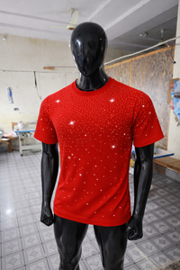 Camiseta roja con pedrería brillante para hombre, estilo oversize, de algodón, con diseño de estrella de cristal, informal, estilo hip hop, top de moda de verano - Product Image 5