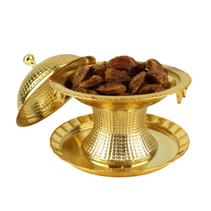 Luxury Handcrafted Brass Date Serving Bowl with Dome <b>Lid</b> Premium Gold Plated Hammered Metal Khajoor <b>Pot</b> for Ramadan Decor - Product Image 1