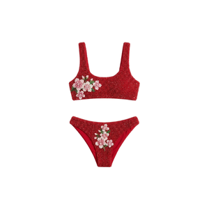 Ensemble de bikini deux pièces fait main à fleurs rouges perlées, en tissu coton/spandex, maillot de bain de haute qualité pour femme, avec push-up et paréo - Product Image 2