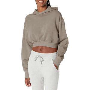 Sudadera con Capucha Corta para Mujer, Color Taupe, Estilo Casual, Hombros Caídos, Manga Larga - Product Image 1