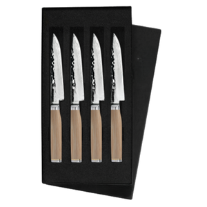 Ensemble de 4 couteaux à steak en acier martelé, lames tranchantes avec manches en bois blond, coffret cadeau pour la découpe de viande de bœuf à la table - Product Image 1