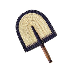Handmade navy blue beige woven seagrass <b>fan</b> eco friendly <b>hand</b> <b>held</b> cooling <b>fan</b> ethnic patterned summer cooling decoration - Product Image 1