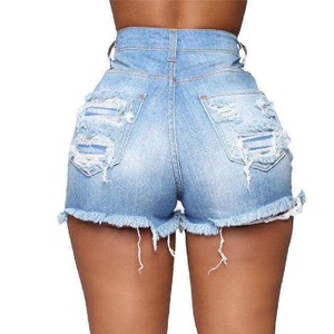 Shorts en jean taille haute à découpes, déchirés et à ourlet effiloché pour femme – Idéal pour l'été et les tenues décontractées - Product Image 5