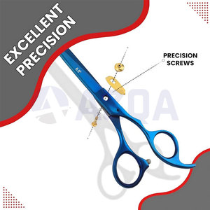 กรรไกรตัดผมสแตนเลสขนาด 6.5 นิ้ว เคลือบสีน้ำเงิน สำหรับคนถนัดขวา ด้ามจับขนาดกลาง พร้อมสกรูปรับแรงตึงสีทองและวงแหวนซิลิโคนสำหรับนิ้ว - Product Image 4