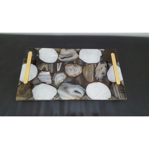 Rectangular Stone <b>Storage</b> Tray With Gold Handles Modern Design Living Room <b>Tabletop</b> Accessory - Product Image 1