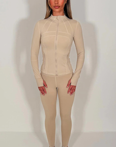 Conjunto de Yoga de 2 Piezas para Mujer, Leggings Largos de Color Sólido, Cintura Media, Chaqueta con Cremallera, Transpirable, con Contraste Frontal - Product Image 5