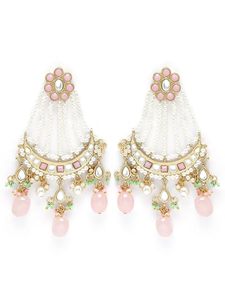 Indian Alloy Gold Plated Kundan Necklace Rani Haar Earring Set Artificial Pearls Crystal Flower Design Women's Trendy Wedding - Product Image 3