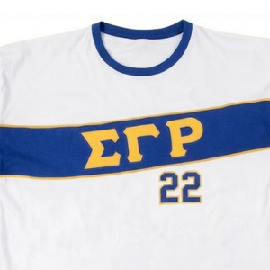 Camiseta Deportiva Premium SGRho Blanca, Azul Rey y Dorado, Manga Corta, Número 22, Diseño Gráfico a Rayas, para Sororidad, Universidad, Equipo Casual - Product Image 5