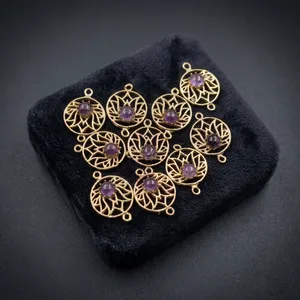 Natural Amethyst Brass Pendant <b>Charm</b>, Floral Filigree <b>Jewelry</b> Making Component - Product Image 3