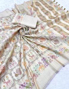 ผ้าไหมทอพิชไว ดีไซน์อินเดียสุดพิเศษ พร้อมเสื้อคลุมแฟชั่นทันสมัย เหมาะสำหรับงานปาร์ตี้ฤดูหนาว งานดิวาลี งานแต่งงาน และงานพิธีกรรมอื่นๆ - Product Image 5