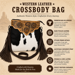 Western Hair-On Cowhide Leather Crossbody Bag Hand Tooled Floral Shoulder <b>Purse</b> <b>with</b> Fringe Genuine Leather Travel Handbag Women - Product Image 5