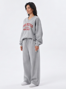 <b>Women</b> V Neck <b>Sweat</b> <b>Suit</b> Casual 100% Cotton Fleece <b>Sweat</b> Shirt And <b>Sweat</b> Wide Leg Pants Custom Pullover Baggy Tracksuit - Product Image 5