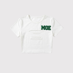 Camisa de mujer de alta calidad, blusa blanca de media manga, top corto, diseño de bordado de toalla verde ODM, logotipo personalizado, blusa informal de verano - Product Image 3