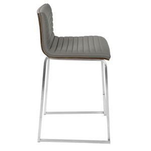 Mara 26\" Contemporary Counter <b>Stool</b> Set of 2 Brushed Stainless Steel & Walnut Wood Grey Faux <b>Leather</b> Modern Bar <b>Stools</b> - Product Image 4