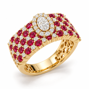 Anillo de cóctel de lujo con gema de rubí roja de laboratorio, diamante cultivado en laboratorio de corte ovalado, oro macizo de 14K, certificado IGI, banda ancha, para fiesta, OEM - Product Image 1