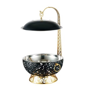 Plat à chafing dish rond en métal doré Gulf avec couvercle et poignée décorative, style oriental, finition polie - Product Image 2