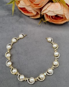 Elegant Simulated <b>Pearl</b> Collar Necklace With Earrings <b>Set</b> Two Tone Plated American Diamond Jewelry <b>Sets</b> For Party Wear Wholesale - Product Image 3