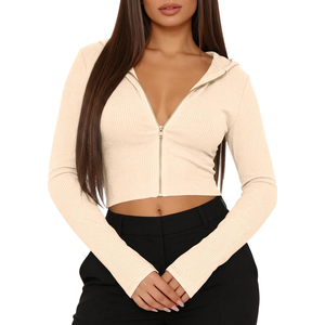 Sweat-shirt court zippé à capuche côtelé beige de haute qualité pour femme, à manches longues, couleur unie, tricoté, pour l'automne, OEM ODM - Product Image 4