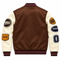Veste universitaire marron et blanche pour homme, col montant, broderies chenille, patchs lettres, boutons-pression, manteau vintage d'automne