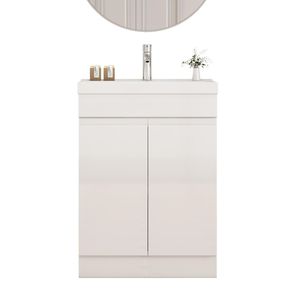 Mobile Bagno da 24 Pollici con Lavabo e Specchio, Armadietto a 2 Ante e Ripiano, Design Unico con Bordo Spesso Senza Maniglie - Product Image 2