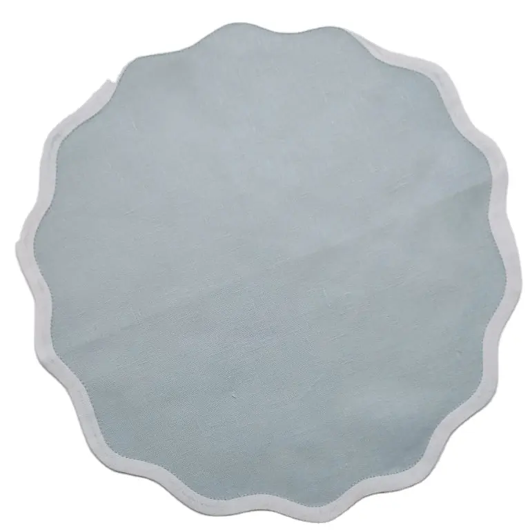 Round hand stitched scalloped edges 100% linen placemat in sky blue color with white scallop edge