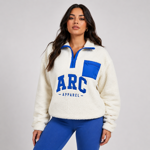Pull en molleton blanc pour femme avec fermeture éclair quart de tour, poche contrastante bleue et logo brodé – Haut décontracté d'hiver pour femme – Sweats à capuche pour femme - Product Image 2