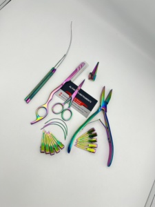AL-FARDAN Instruments Multi Rainbow Color Surgical Grade Stainless Steel Hair Extension Tools Kit Loop Hook <b>Needle</b> Plier Razor - Product Image 3