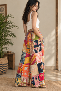 Pantalon unisexe bohème vintage patchwork à jambes larges, taille haute élastique, coupe ample, longueur intégrale, pour l'été, avec poches, écoresponsable - Product Image 2
