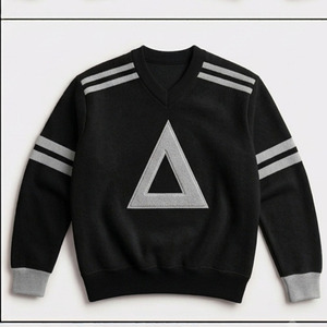 Pull en tricot gris pour homme à col en V avec applique triangulaire blanche, coupe classique, vêtement décontracté d'automne - Product Image 5