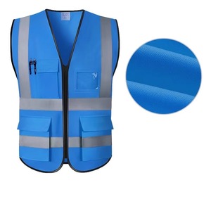 Gilet de sécurité haute visibilité unisexe bleu réfléchissant, vêtement de travail en polyester, plusieurs poches, fermeture éclair, détection des aiguilles - Product Image 1