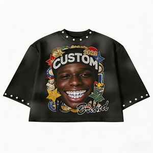 Camiseta Gráfica Personalizada de Hombre, Estilo Vintage, Lavado Ácido, Efecto Desgastado, 280 Gsm, con Pedrería, Corte Boxy y Ajuste Recortado - Product Image 1